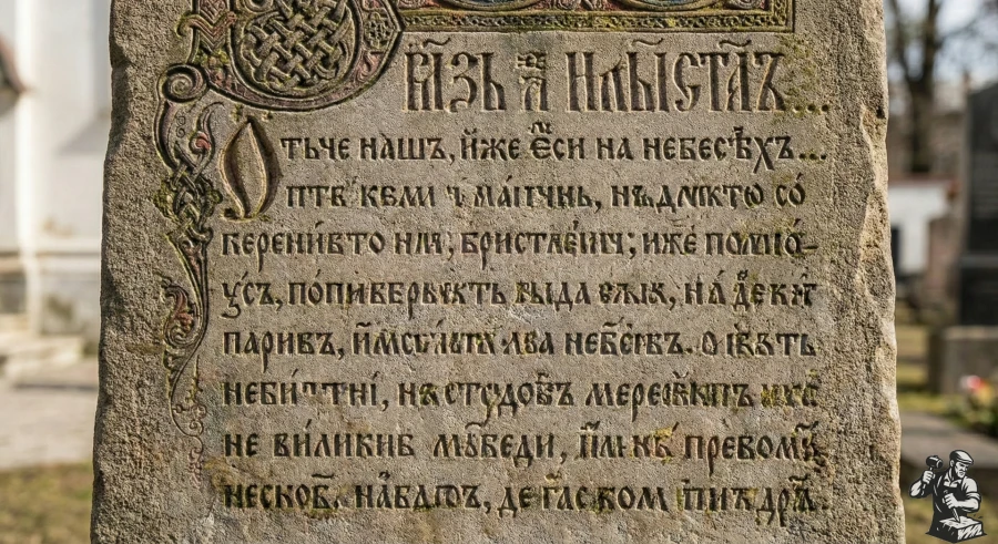 Starinny-kamenniy-pamyatnik-s-glubokoy-gravirovkoy-molitvy-Otche-Nash-na-staroslavyanskom